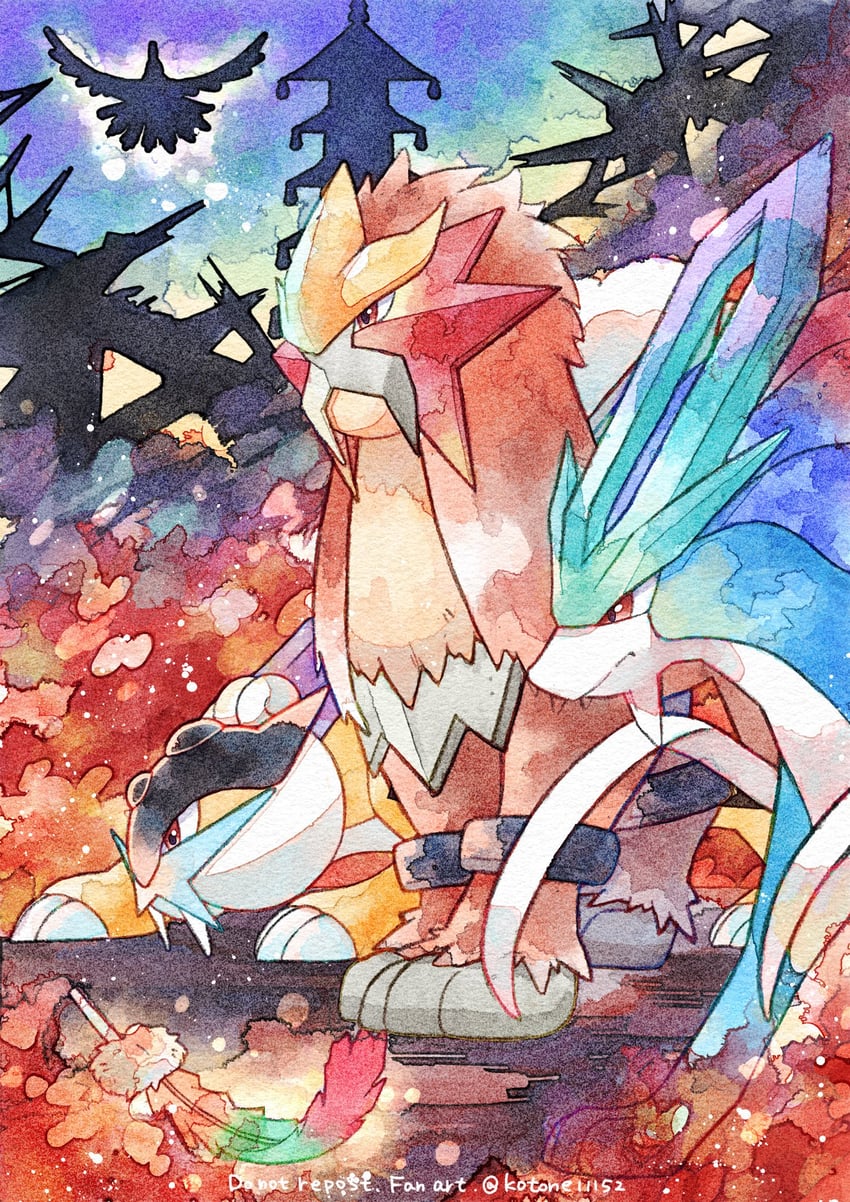 ho-oh, suicune, raikou, and entei (pokemon) drawn by kotone_(kotone11152)