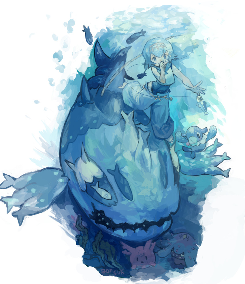 lana, popplio, wishiwashi, corsola, and mareanie (pokemon and 1 more) drawn by bnsk25