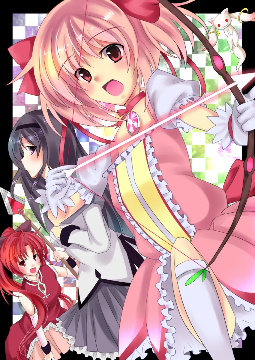akemi homura, kaname madoka, sakura kyoko, and kyubey (mahou shoujo madoka magica) drawn by lio