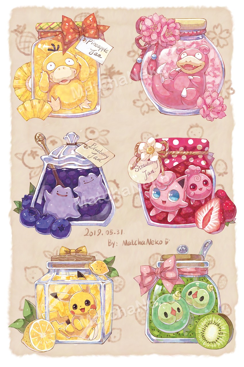 pikachu, jigglypuff, psyduck, ditto, slowpoke, and 2 more (pokemon) drawn by matchaneko