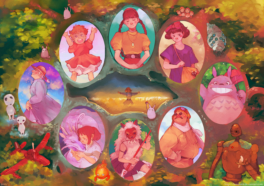 kiki, san, jiji, ogino chihiro, nausicaa, and 12 more (studio ghibli and 9 more) drawn by barukurii