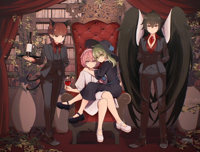 komeiji koishi, komeiji satori, kaenbyou rin, and reiuji utsuho (touhou) drawn by senzaicha_kasukadoki