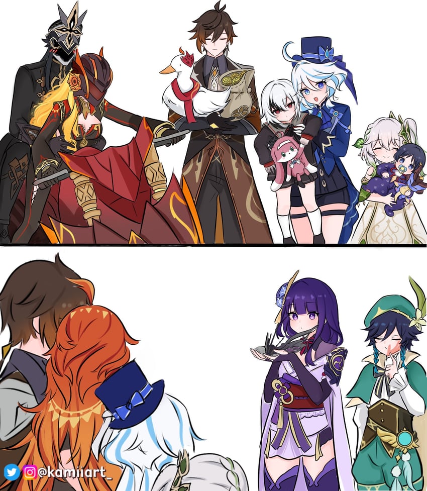 raiden shogun, scaramouche, furina, nahida, zhongli, and 9 more (genshin impact) drawn by kamiiart