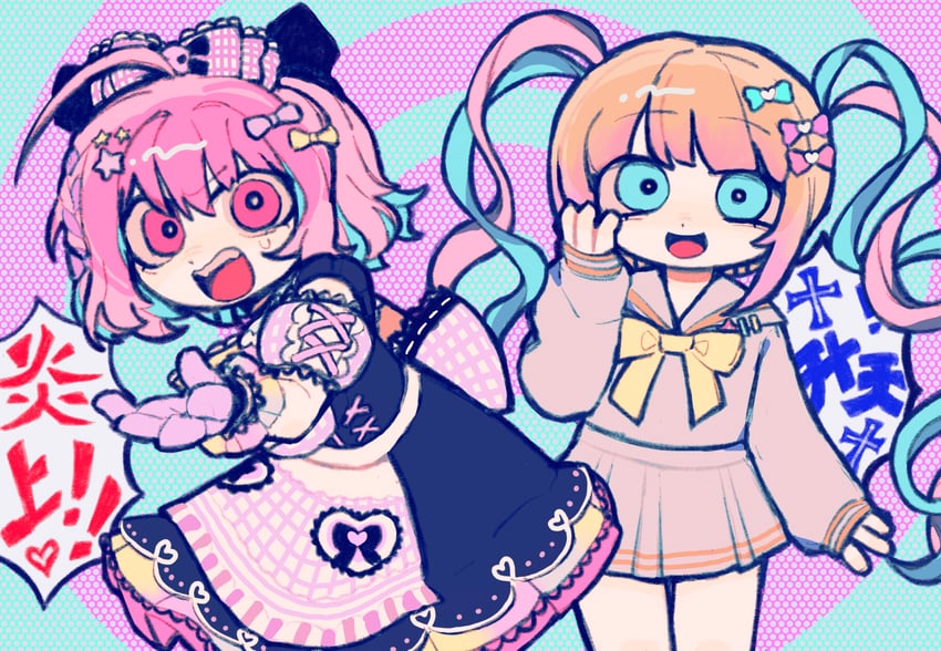 yumemi riamu and chouzetsusaikawa tenshi-chan (idolmaster and 2 more) drawn by warwickalantero