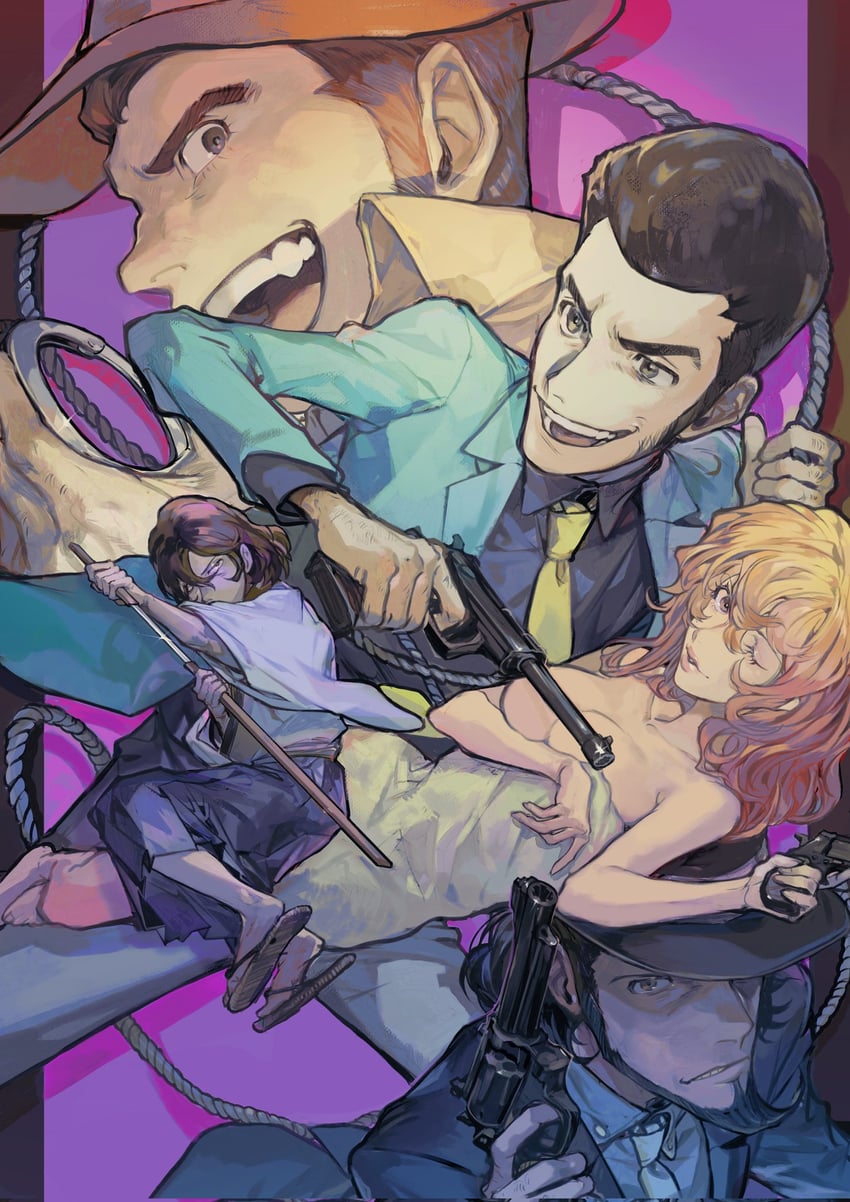 arsene lupin iii, jigen daisuke, mine fujiko, ishikawa goemon xiii, and zenigata kouichi (lupin iii) drawn by drtgumebcdvqke0