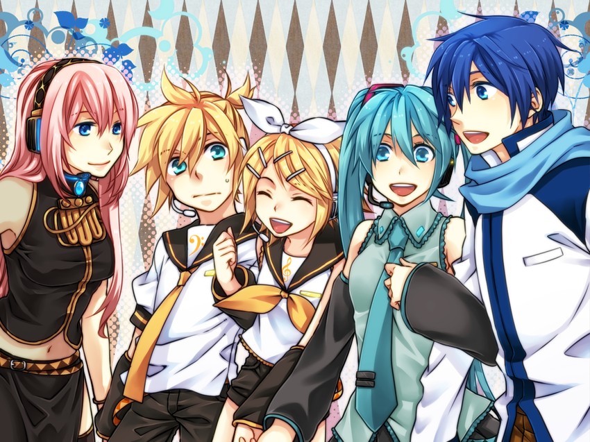 hatsune miku, kagamine rin, kagamine len, megurine luka, and kaito (vocaloid) drawn by clear_logic