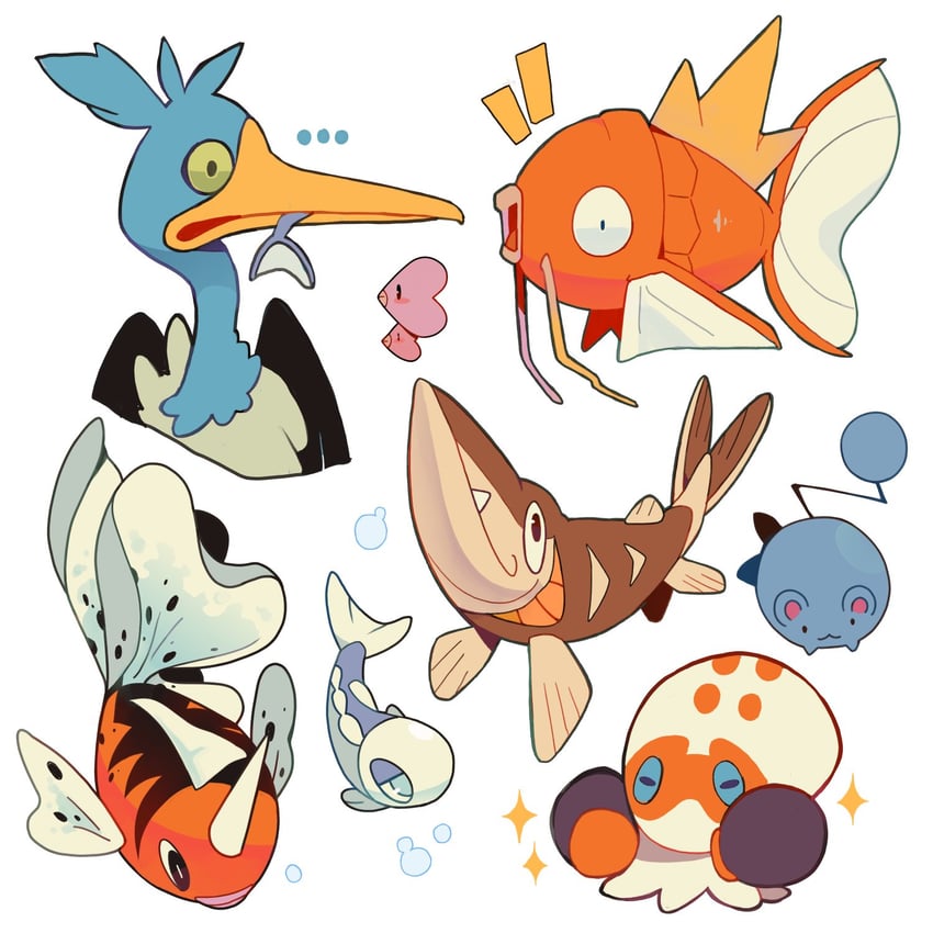 marill, magikarp, luvdisc, wishiwashi, cramorant, and 3 more (pokemon) drawn by tiki_(tikivt)