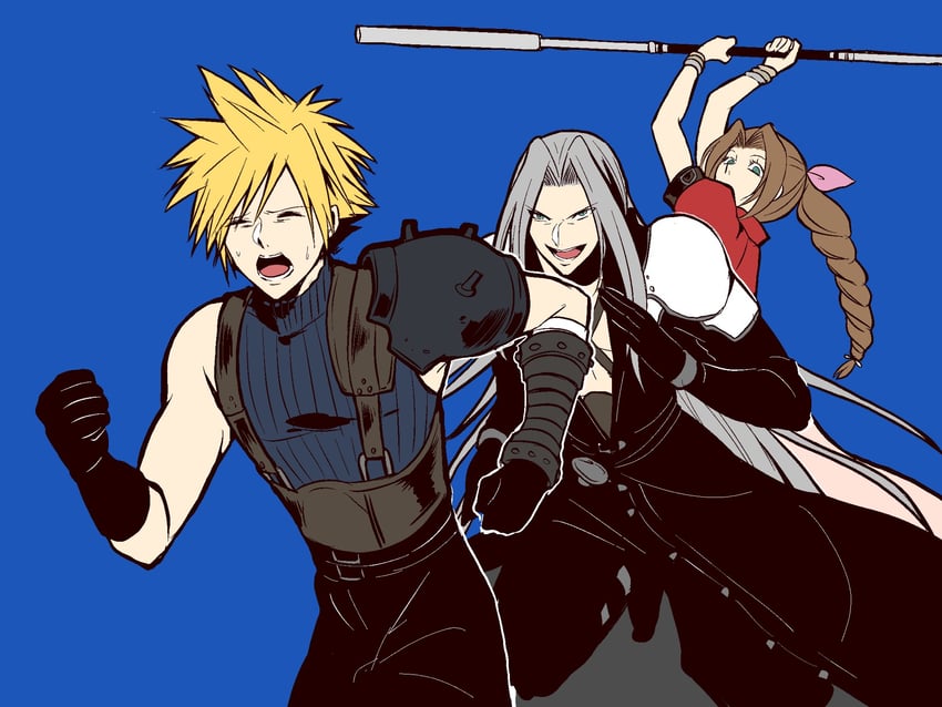 cloud strife, aerith gainsborough, and sephiroth (final fantasy and 2 more) drawn by igusaharu