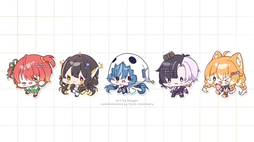 rin penrose, juna unagi, pochi wanmaru, yuko yurei, and fuyo cloverfield (idol corp) drawn by mogyiu