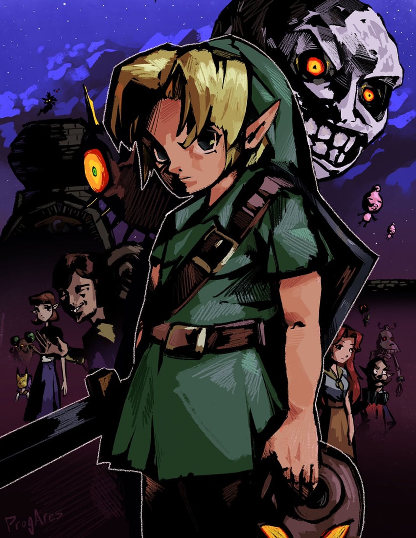 link, young link, majora, skull kid, moon, and 11 more (the legend of zelda and 1 more) drawn by prog_ares