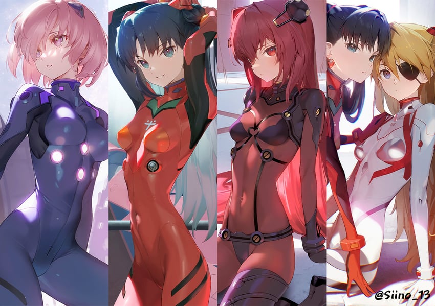 mash kyrielight, souryuu asuka langley, tohsaka rin, scathach, and eva 02 (fate and 6 more) drawn by siino