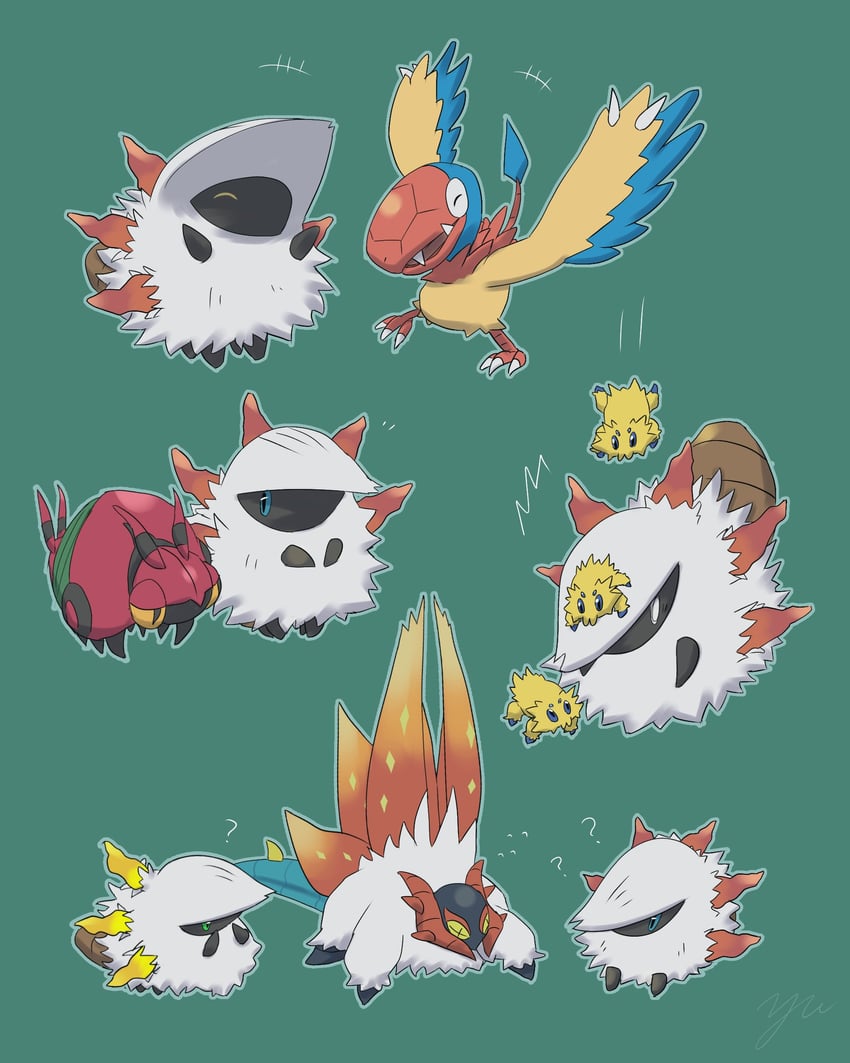 joltik, larvesta, venipede, slither wing, and archen (pokemon) drawn by yu_(pocketsun636)