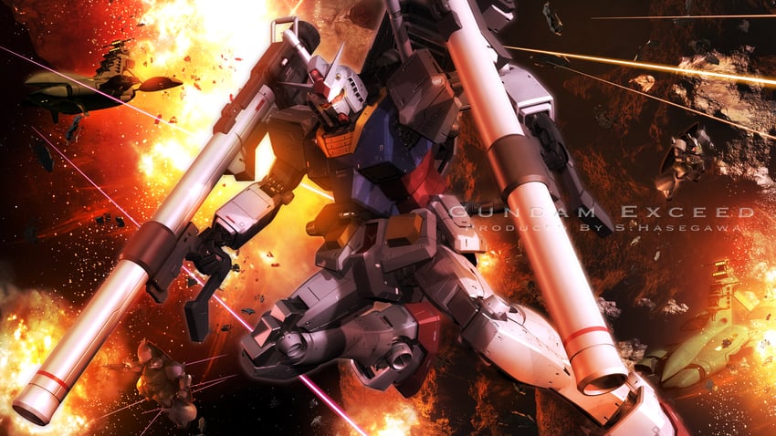 rx-78-2 gundam, rick dom, and musai (gundam and 1 more) drawn by s.hasegawa
