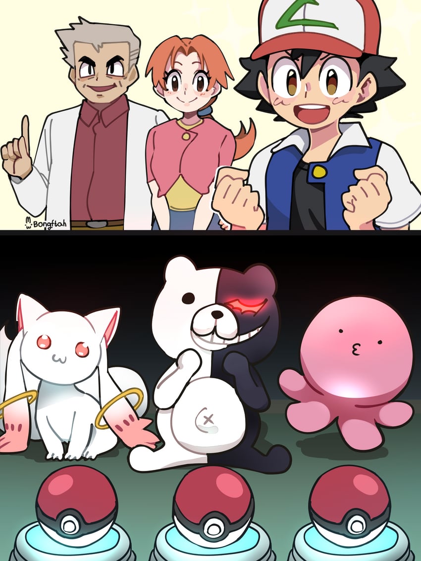 kyubey, ash ketchum, monokuma, delia ketchum, professor oak, and 1 more (pokemon and 3 more) drawn by bongfill