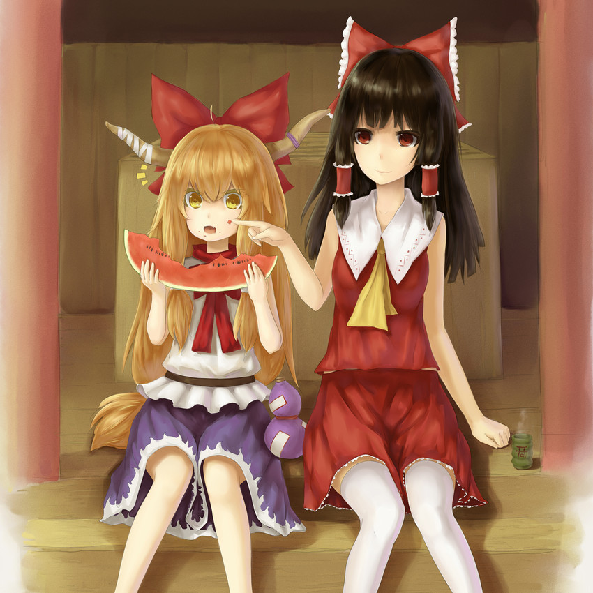 hakurei reimu and ibuki suika (touhou) drawn by fuko_(arlicx)
