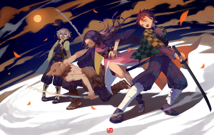 kamado nezuko, kamado tanjirou, agatsuma zenitsu, and hashibira inosuke (kimetsu no yaiba) drawn by yamakawa