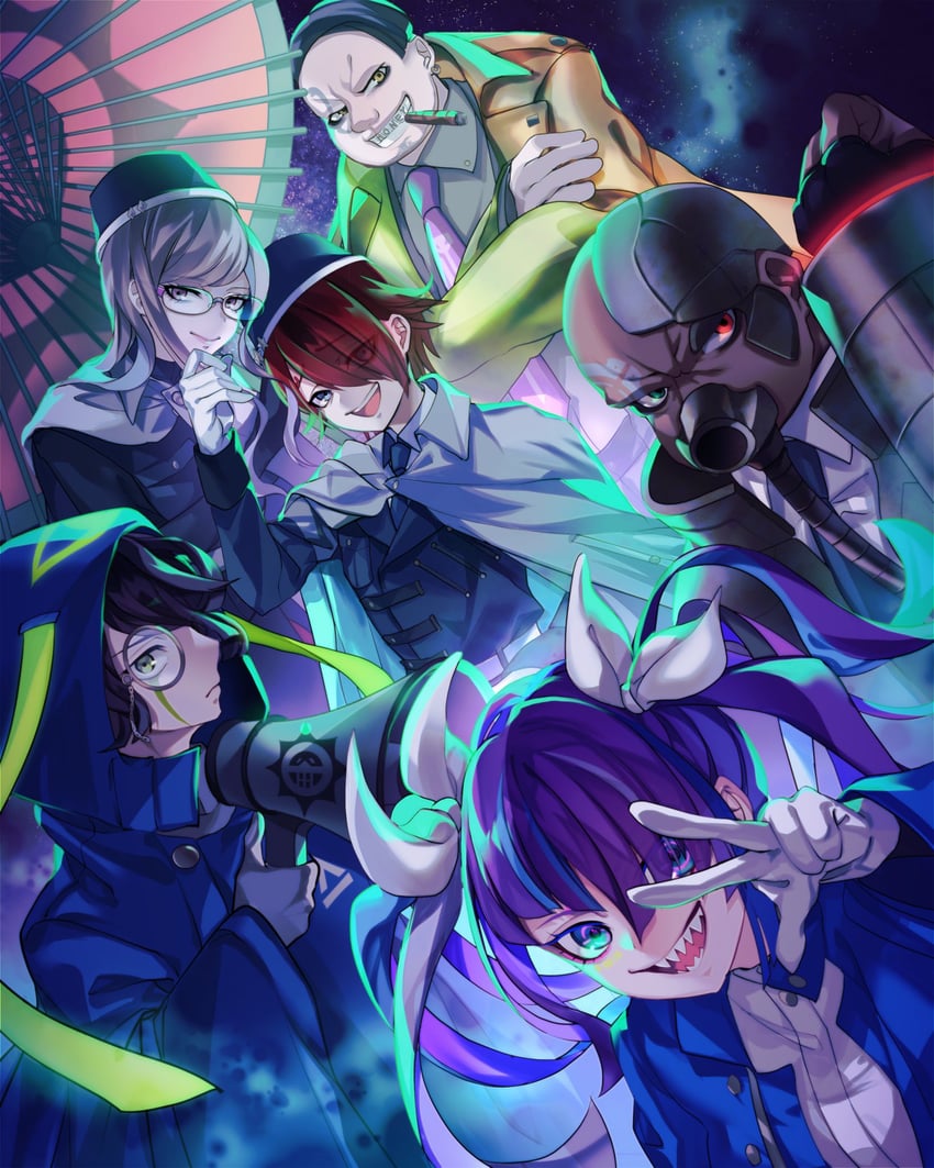 yomi hellsmile, seth burroughs, martina electro, guillaume hall, dominic fulltank, and 1 more (master detective archives: rain code) drawn by nota_sayaka