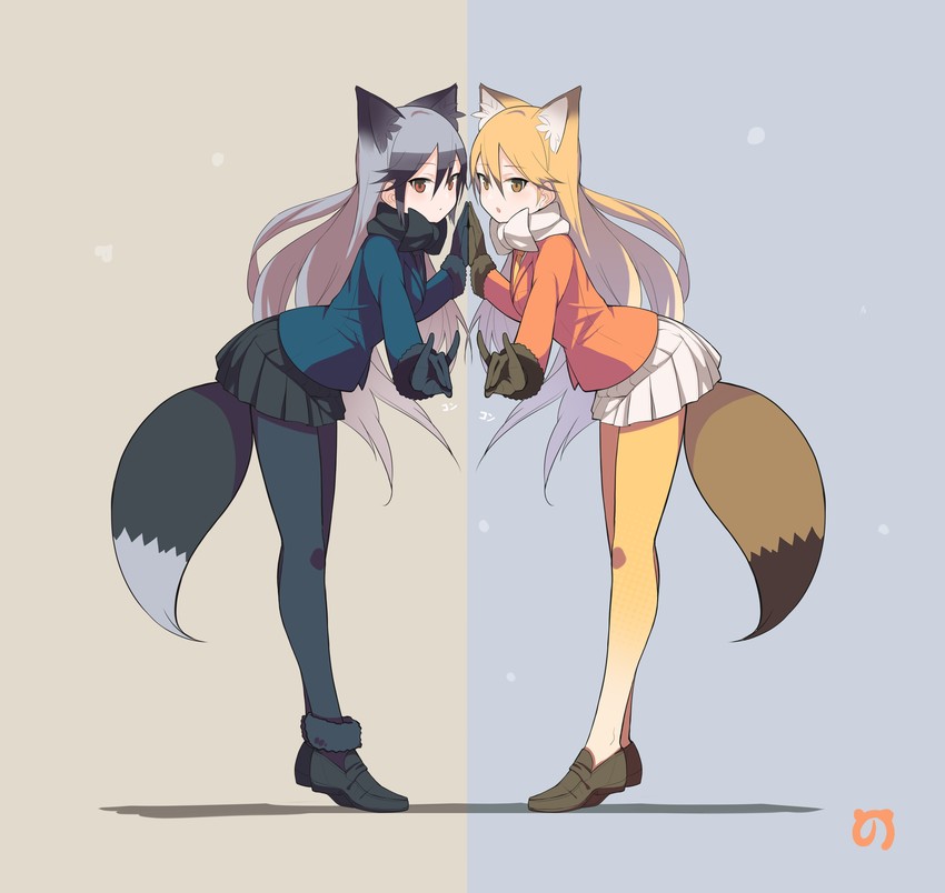 silver fox and ezo red fox (kemono friends) drawn by fami_(yellow_skies)