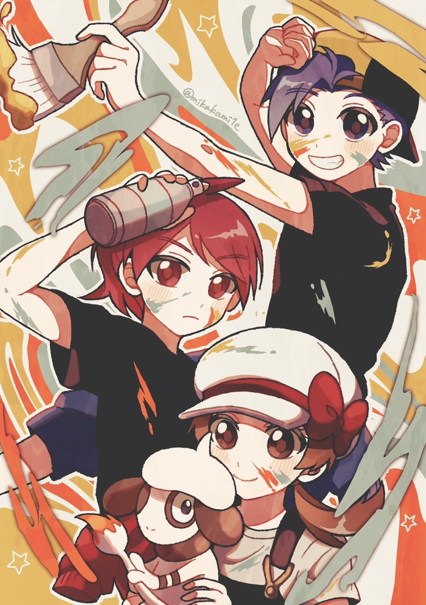 ethan, lyra, silver, and smeargle (pokemon and 1 more) drawn by mikakami1e