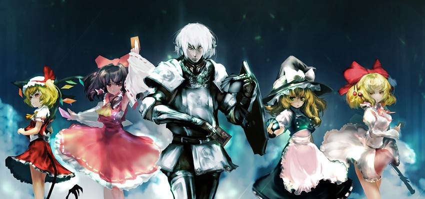 hakurei reimu, kirisame marisa, flandre scarlet, buront, and satsuki rin (touhou and 4 more) drawn by nanatsuki_sousuke