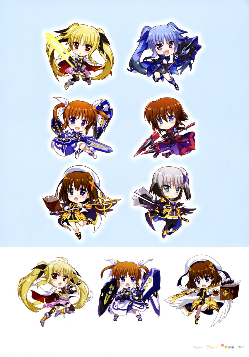 fate testarossa, takamachi nanoha, yagami hayate, raising heart, bardiche, and 10 more (lyrical nanoha and 1 more) drawn by fujima_takuya