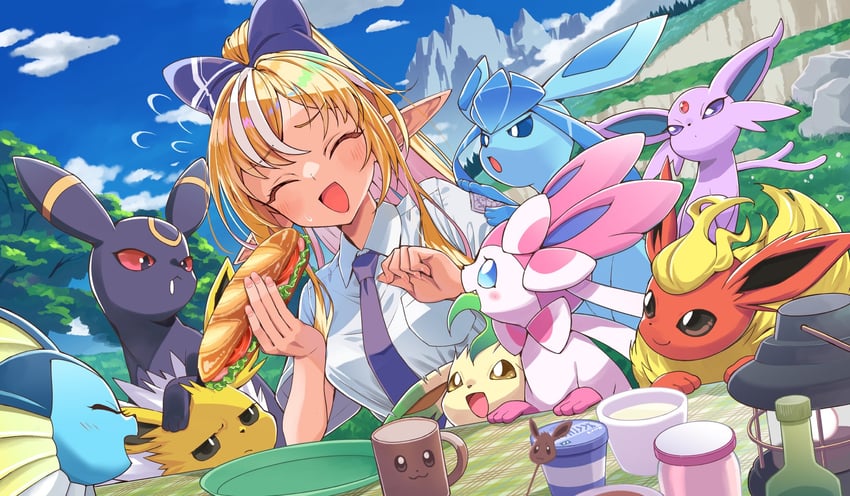 shiranui flare, sylveon, umbreon, glaceon, vaporeon, and 4 more (pokemon and 2 more) drawn by itaboon