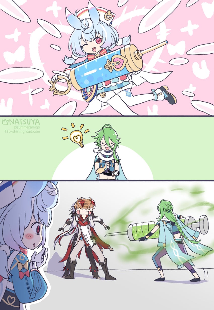 tartaglia, arlecchino, sigewinne, and baizhu (genshin impact) drawn by natsuya_(kuttuki)