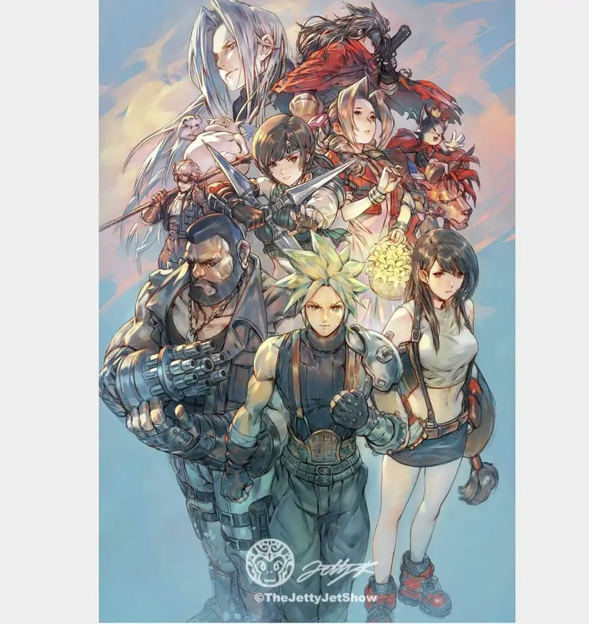 tifa lockhart, cloud strife, aerith gainsborough, sephiroth, yuffie kisaragi, and 6 more (final fantasy and 1 more) drawn by jet_kimchrea