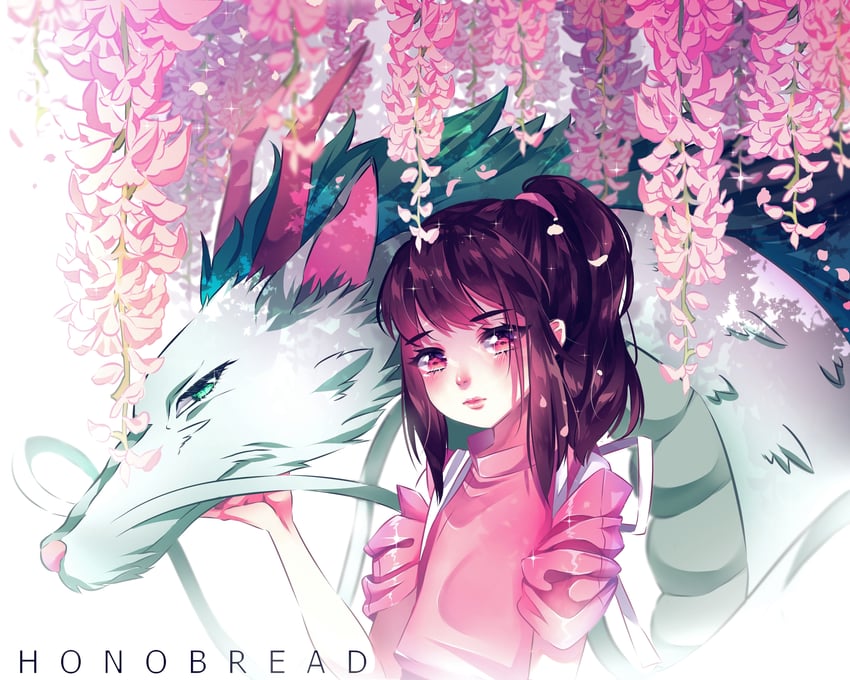 ogino chihiro and haku (studio ghibli and 1 more) drawn by honobread_(artist)