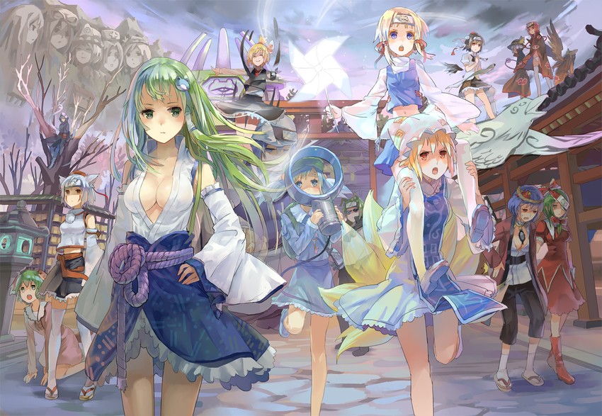kochiya sanae, komeiji koishi, yakumo yukari, shameimaru aya, komeiji satori, and 25 more (touhou and 1 more) drawn by 77gl