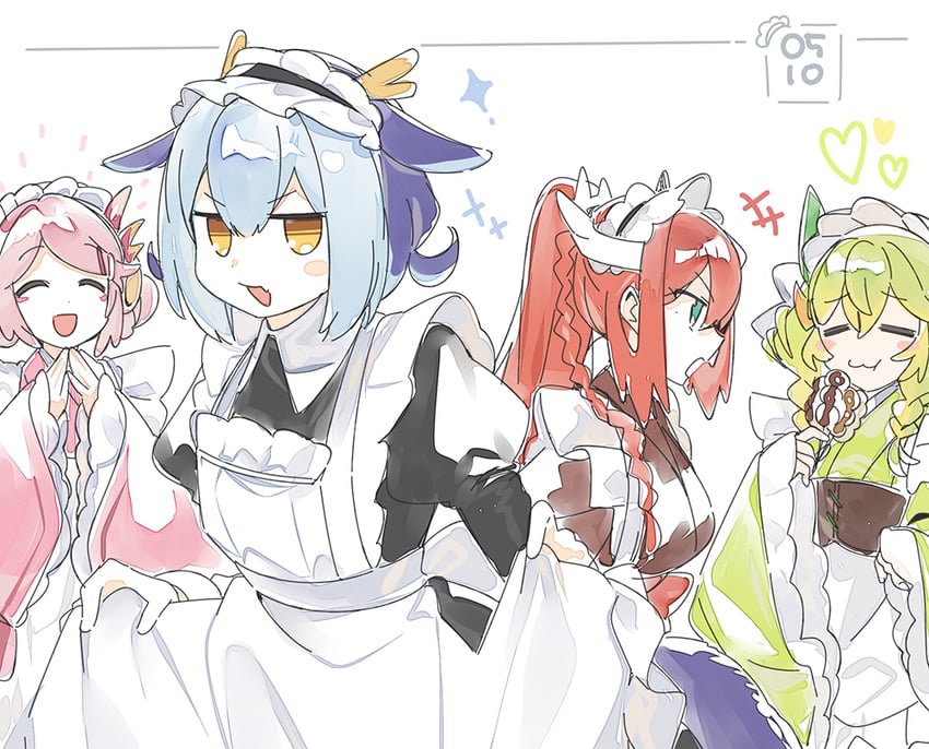 laundry dragonmaid, parlor dragonmaid, kitchen dragonmaid, and nurse dragonmaid (yu-gi-oh!) drawn by 3_ma_me