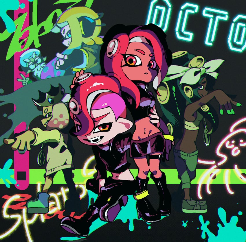 inkling player character, inkling girl, octoling player character, octoling girl, agent 8, and 5 more (splatoon and 2 more) drawn by ukata