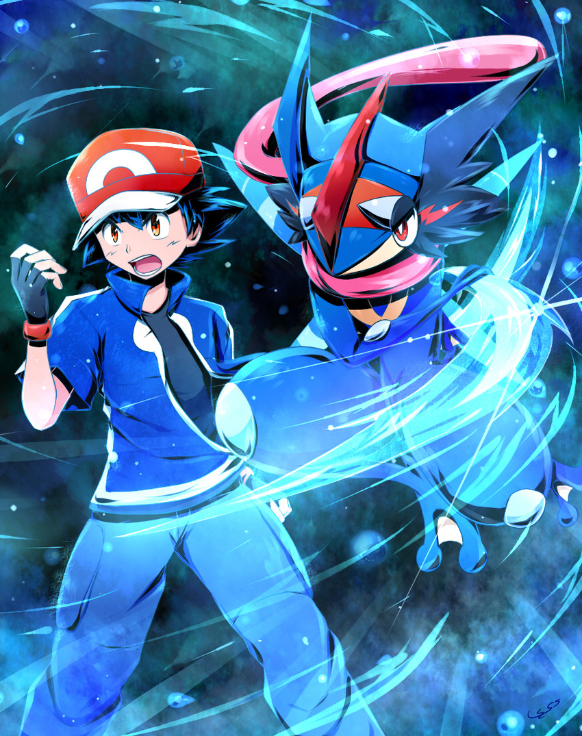 ash ketchum, greninja, and ash-greninja (pokemon) drawn by shirogane_yu