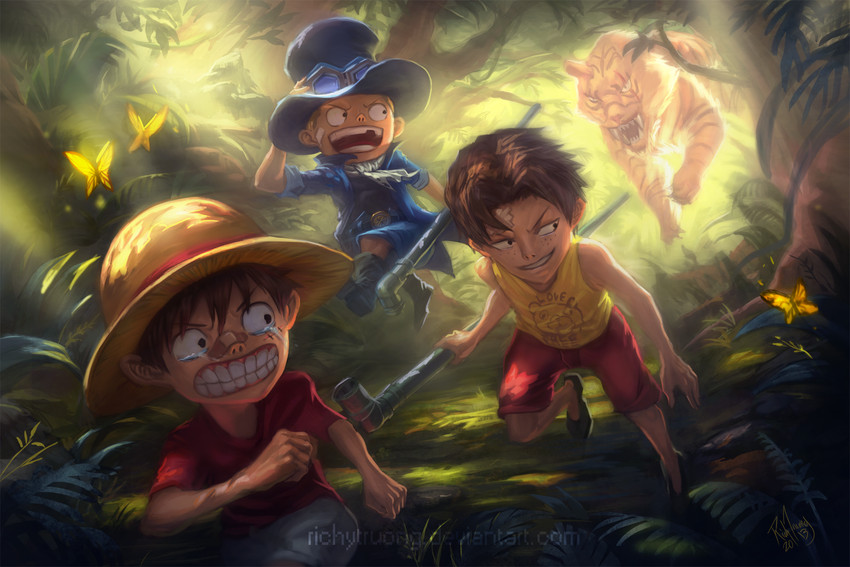 monkey d. luffy, portgas d. ace, and sabo (one piece) drawn by richy_truong