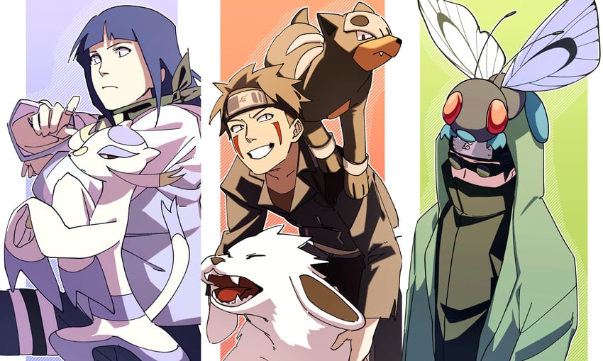 hyuuga hinata, butterfree, mienshao, inuzuka kiba, houndour, and 2 more (pokemon and 2 more) drawn by pnpk_1013