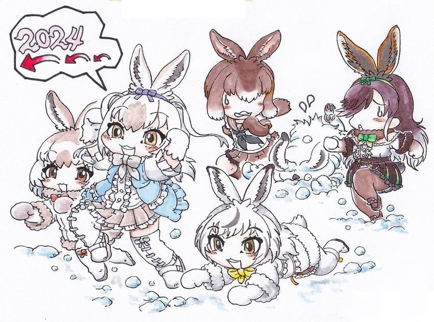 european hare, arctic hare, mountain hare, snowshoe hare, japanese hare, and 1 more (kemono friends and 2 more) drawn by van_der_waals_(okb_001)
