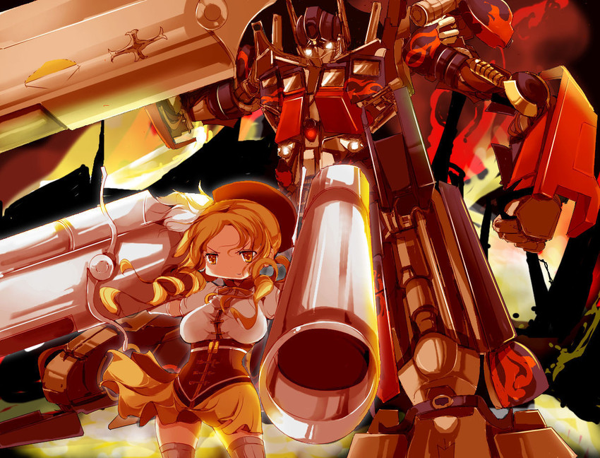 tomoe mami and optimus prime (mahou shoujo madoka magica and 2 more) drawn by name_john