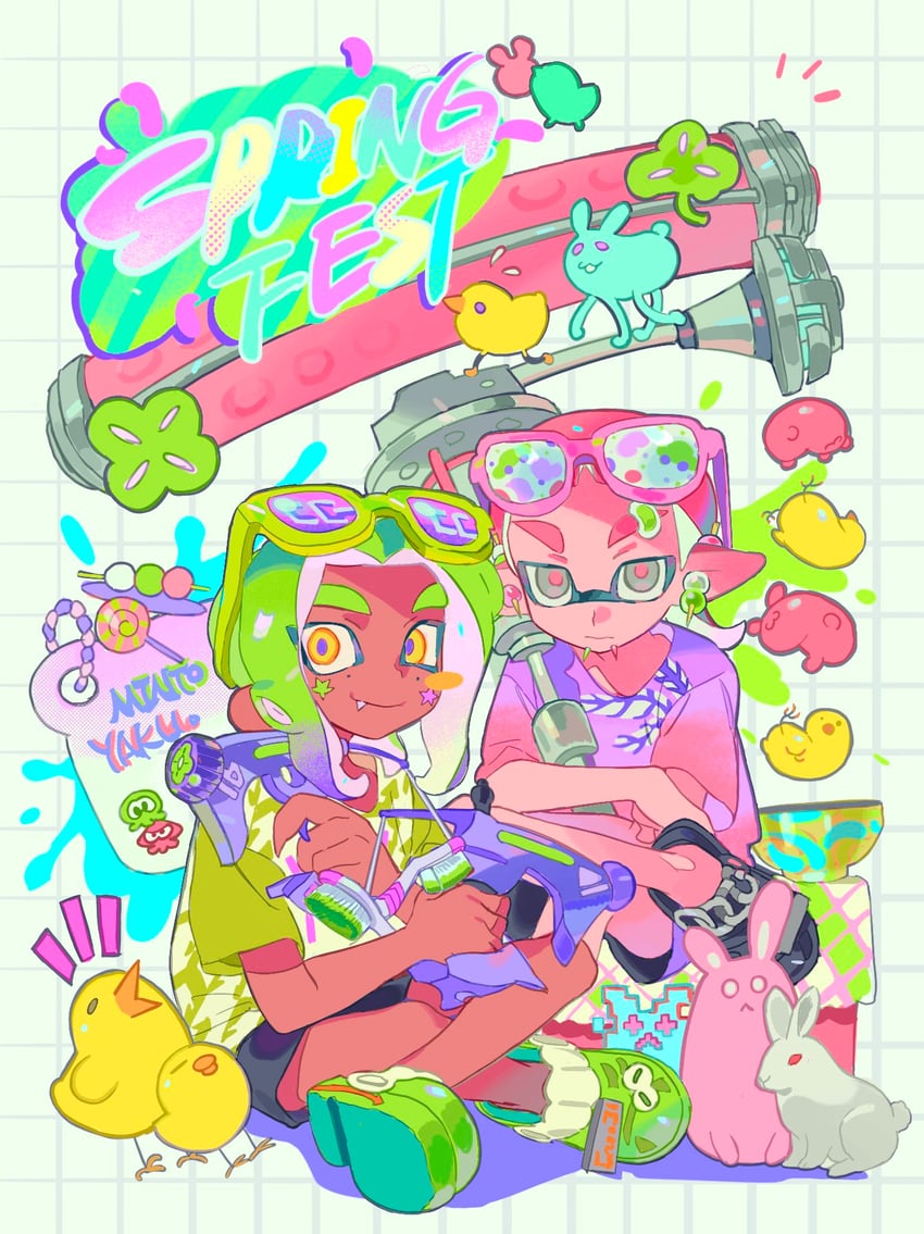 inkling player character, octoling player character, inkling boy, and octoling boy (splatoon) drawn by yakiyori_0001