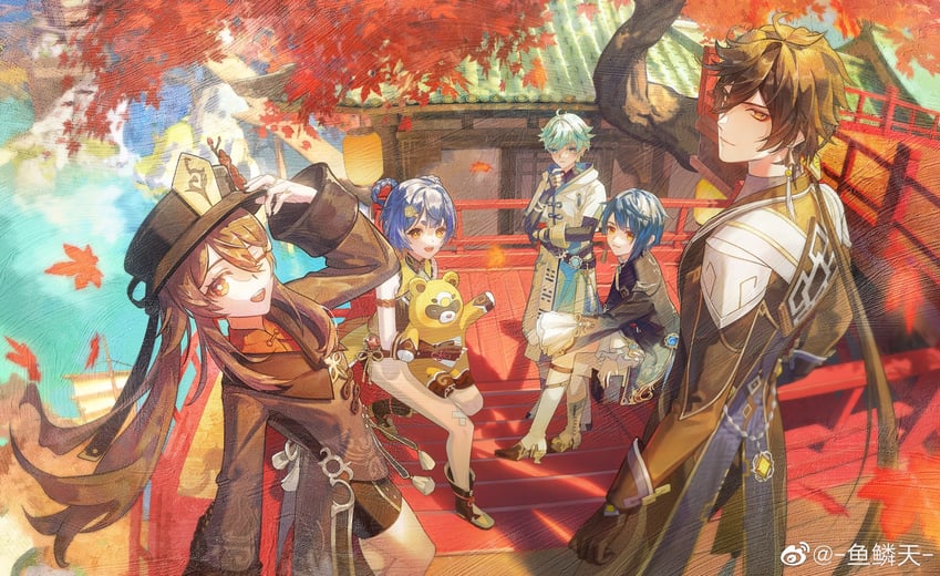 hu tao, zhongli, xingqiu, chongyun, xiangling, and 1 more (genshin impact) drawn by yulin_tian