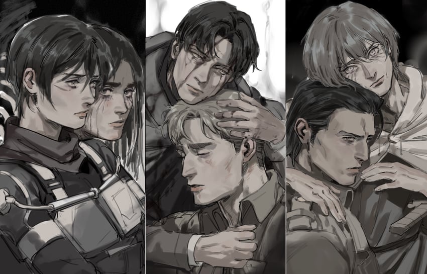 mikasa ackerman, eren yeager, levi, and erwin smith (shingeki no kyojin) drawn by thisuserisalive