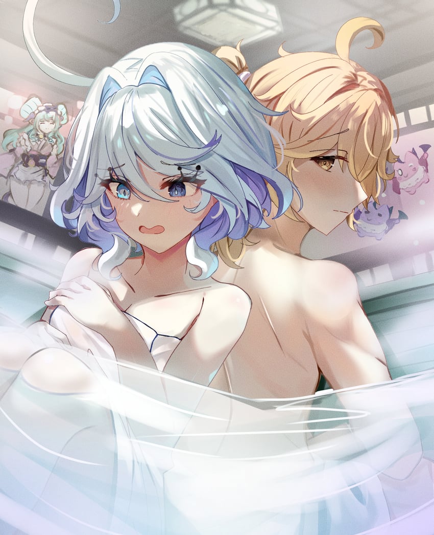 aether, furina, and yumemizuki mizuki (genshin impact) drawn by bimmy