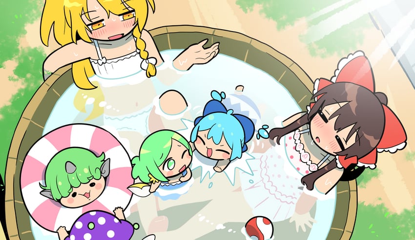 hakurei reimu, kirisame marisa, cirno, daiyousei, clownpiece, and 1 more (touhou) drawn by moyazou_(kitaguni_moyashi_seizoujo)