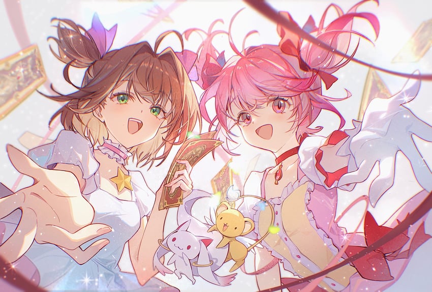 kaname madoka, kyubey, kinomoto sakura, and kero (mahou shoujo madoka magica and 1 more) drawn by cloudyman