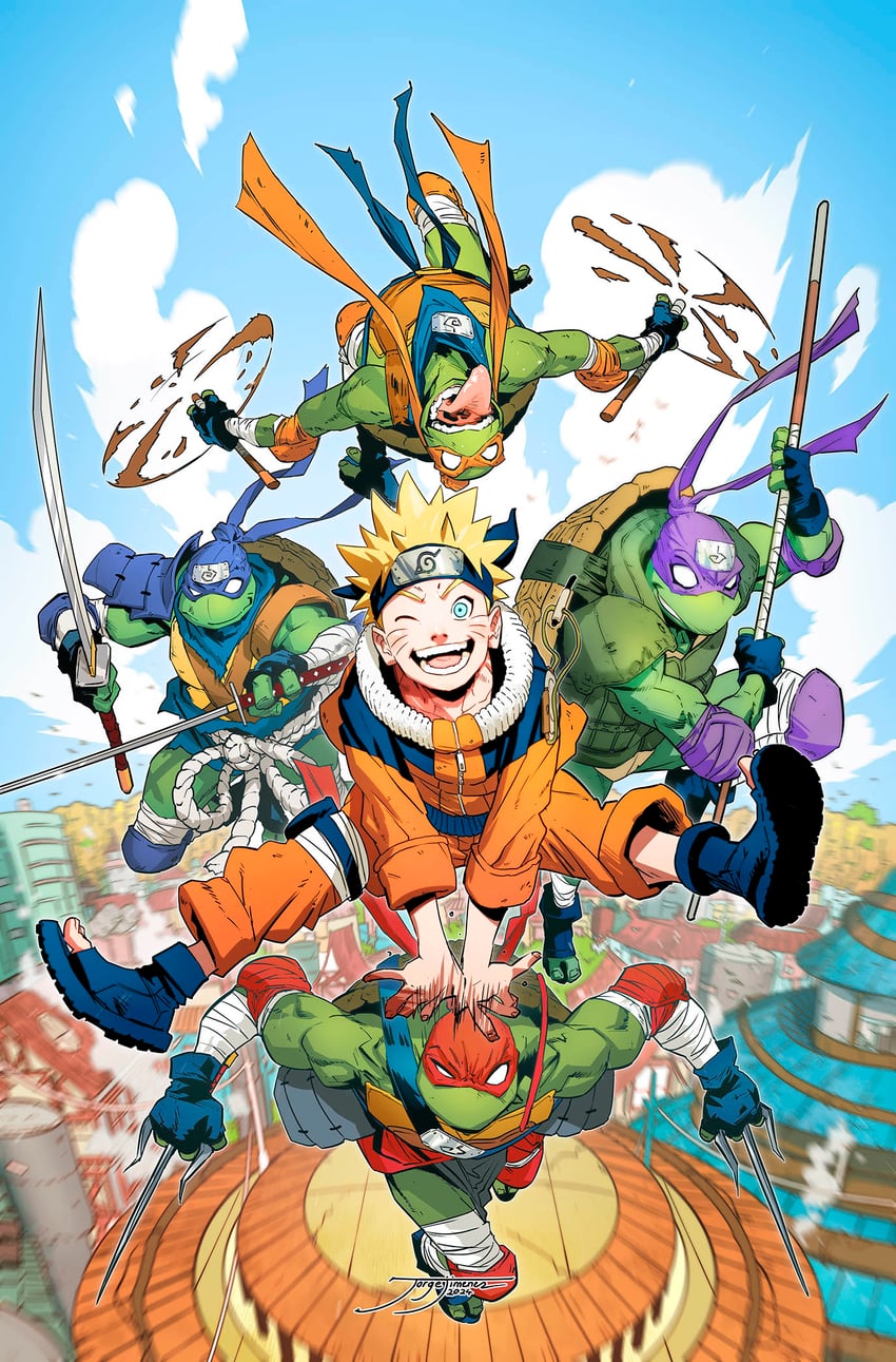 uzumaki naruto, leonardo, raphael, donatello, and michelangelo (naruto and 2 more) drawn by jorge_jimenez