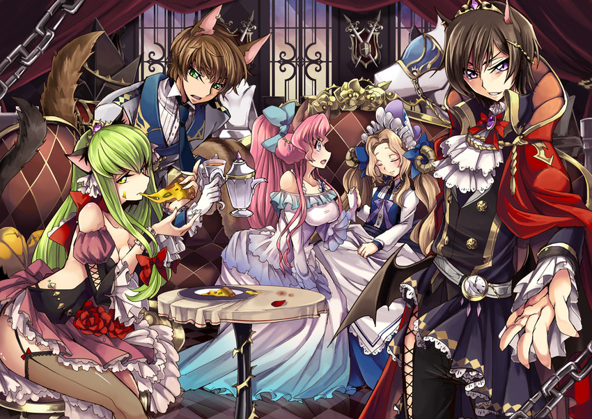 c.c., lelouch vi britannia, kururugi suzaku, nunnally vi britannia, and euphemia li britannia (code geass) drawn by shida_(xwheel)
