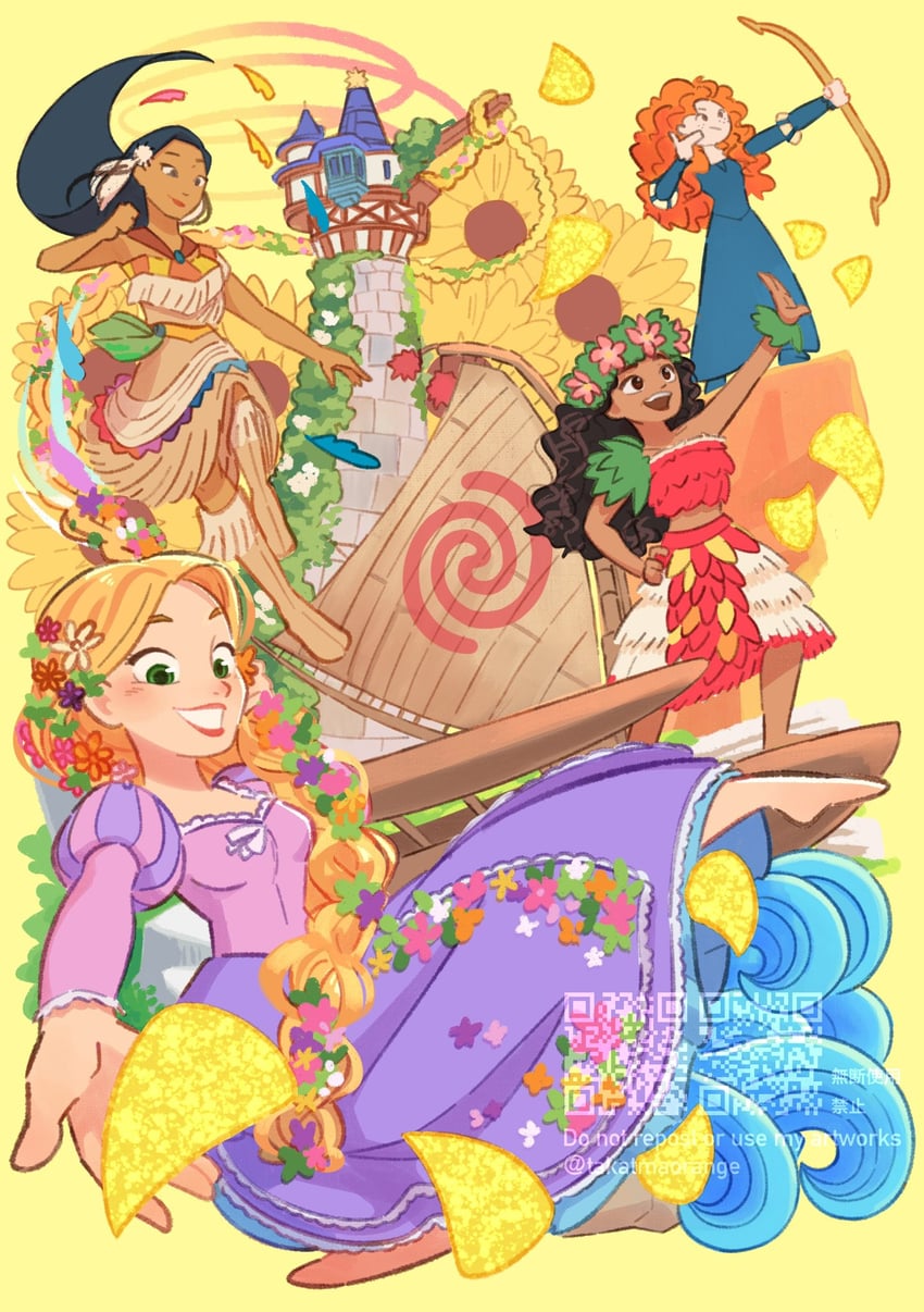 rapunzel, moana waialiki, pocahontas, and merida (disney and 5 more) drawn by takatmaorange