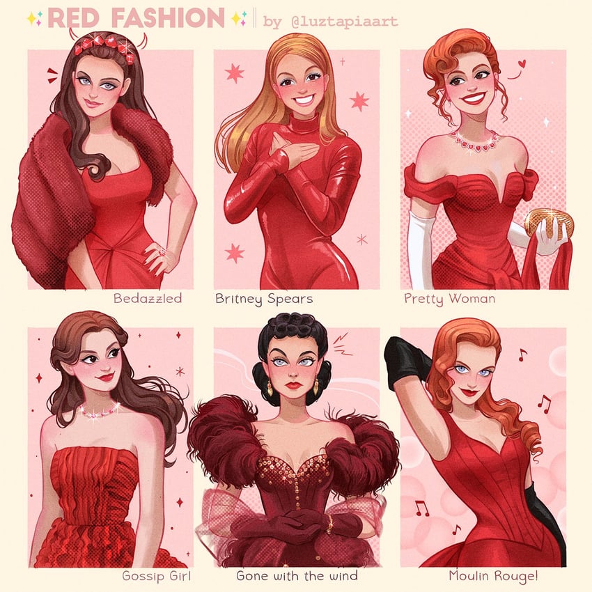 britney spears, scarlett o'hara, vivian ward, satine, lucifer, and 1 more (real life and 6 more) drawn by luztapiaart