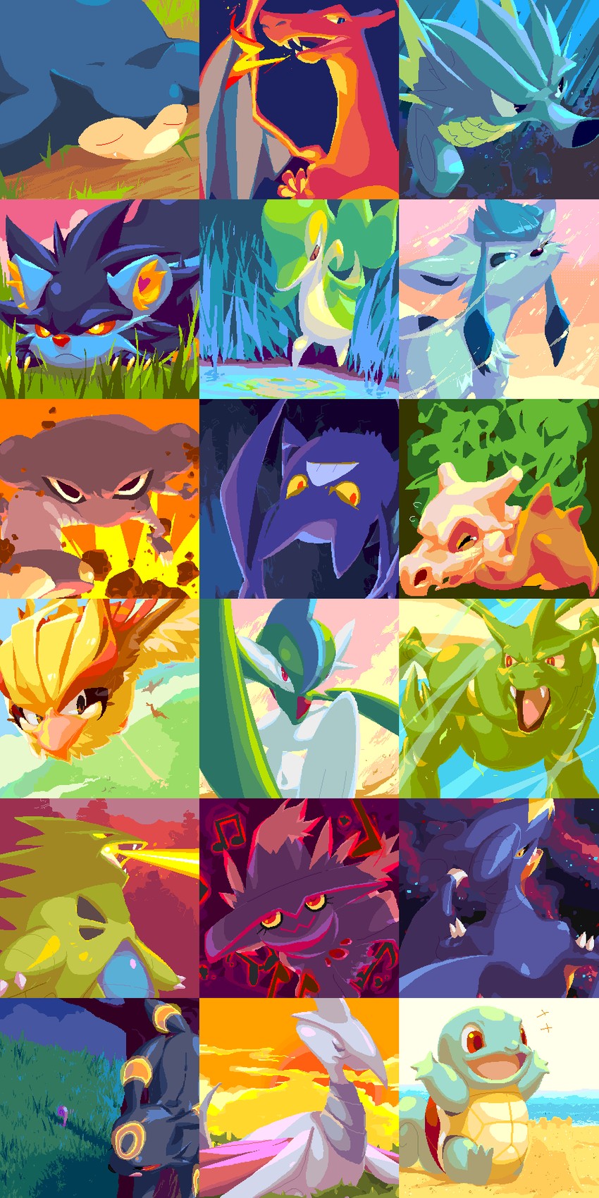 charizard, umbreon, glaceon, squirtle, snivy, and 13 more (pokemon) drawn by pocky_(susan)