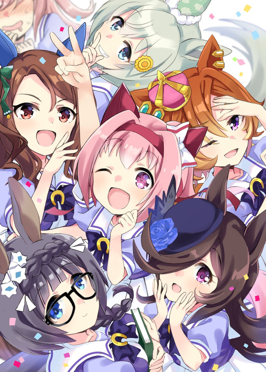 rice shower, king halo, seiun sky, agnes digital, haru urara, and 2 more (umamusume) drawn by hizuki_yayoi