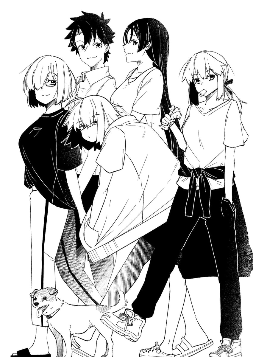 artoria pendragon, mash kyrielight, fujimaru ritsuka, jeanne d'arc alter, saber alter, and 1 more (fate and 1 more) drawn by nonoitou110
